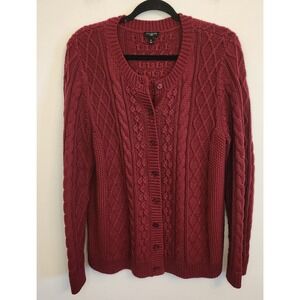 Talbots Womens Chunky Cable Knit Button Cardigan Sweater 1X Burgundy Cabincore